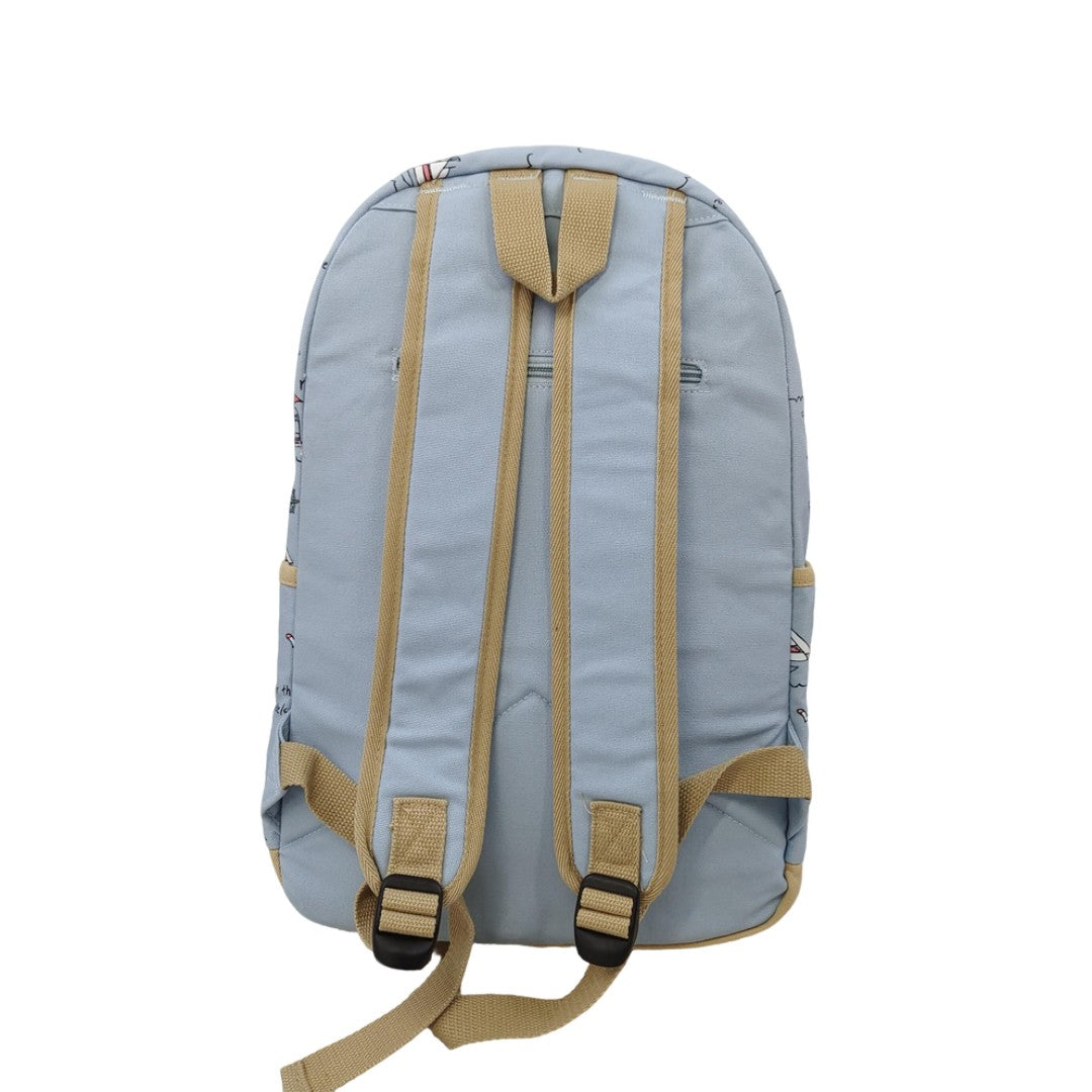 Clearance Blue Nautical Print Canvas Backpack with Sailboat & Lighthouse Pattern